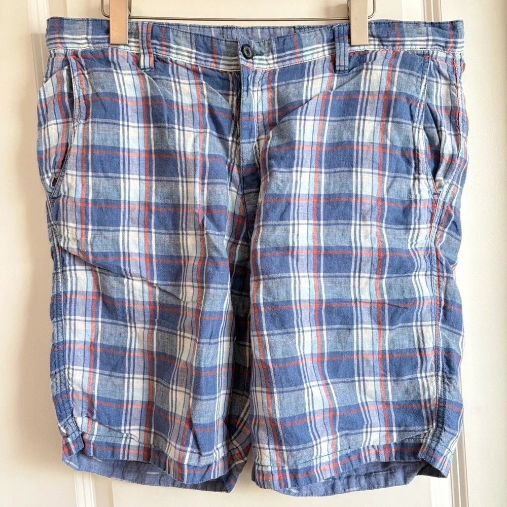 Tommy Bahama Plaid Reversible 100% Linen Shorts Mens 36 Blue Casual Preppy EUC